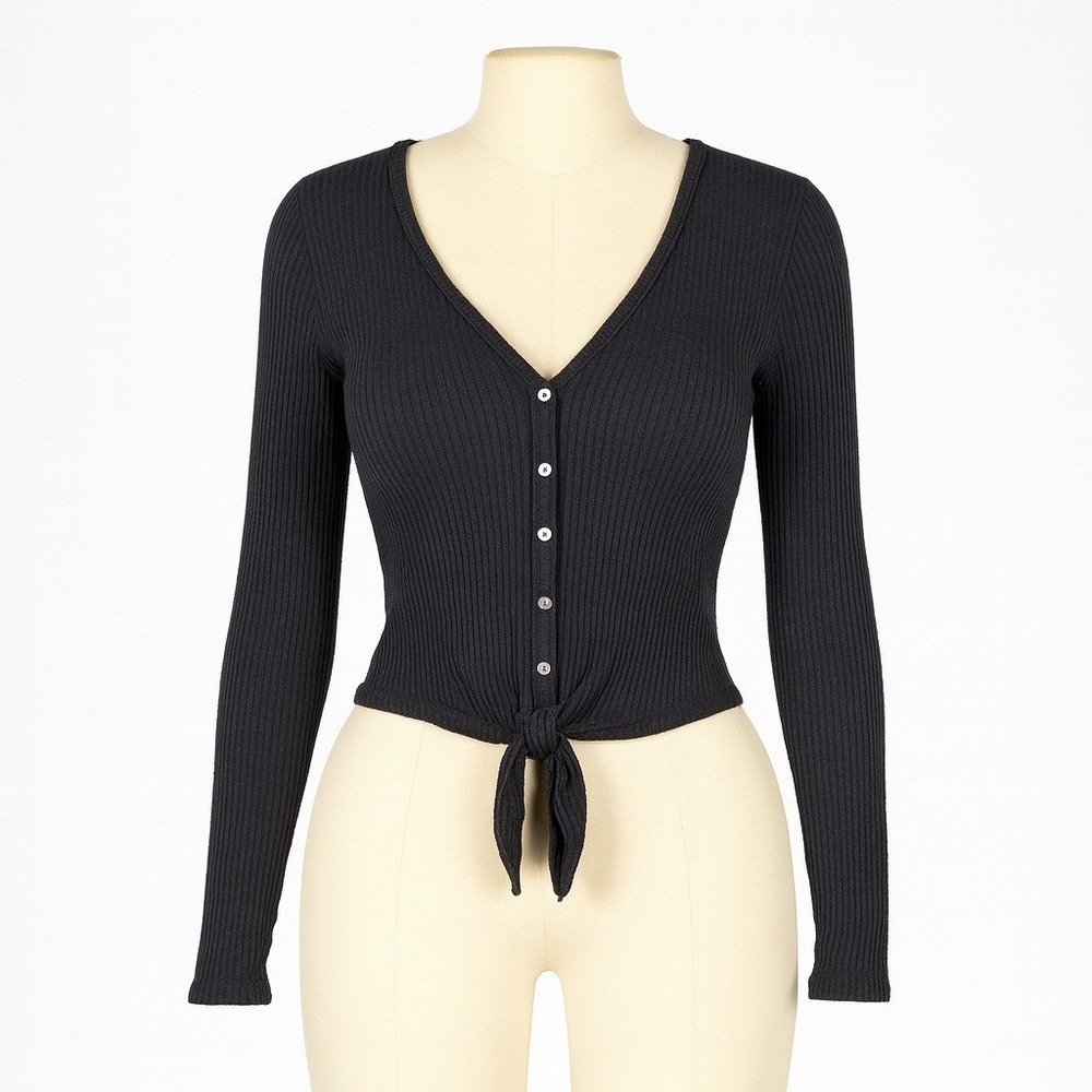 Vtg Y2K Abercrombie & Fitch Black Ribbed Henley Button‎ Long Sleeve Top S Preppy